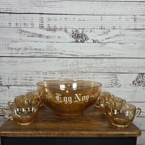 VTG Jeannette Glass Marigold Iridescent Egg Nog Bowl & 6 Cups Carnival Glass